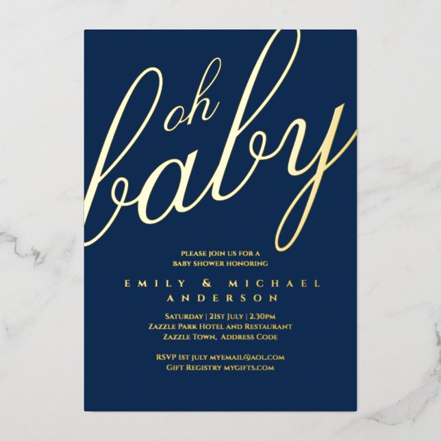 Modern All-in-1 GOLD FOIL Blue BABY SHOWER (Front)