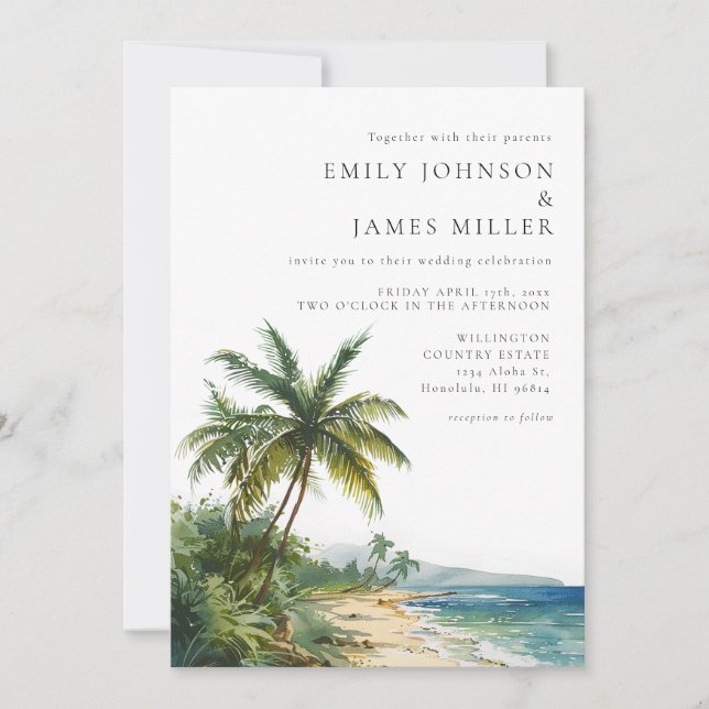 Modern All In One Watercolor Beach Wedding Invitation (Front)