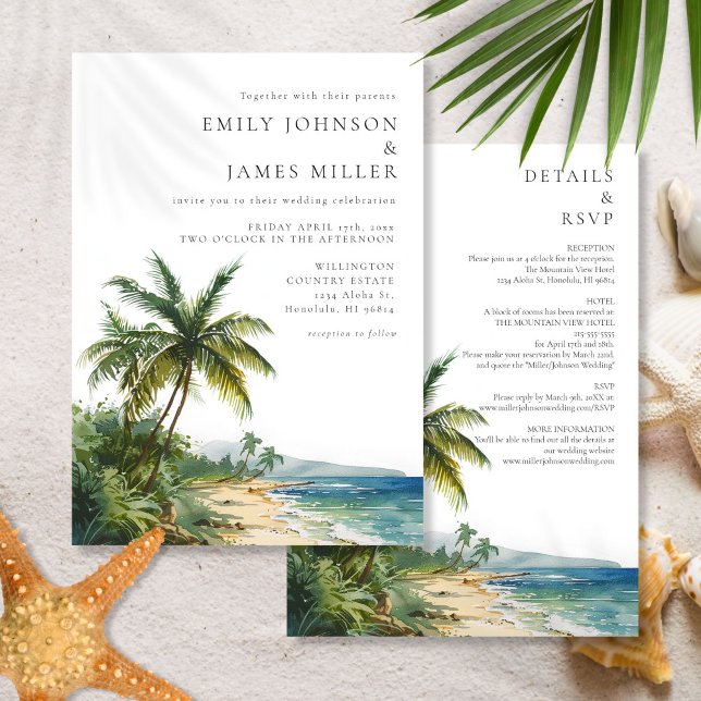 Modern All In One Watercolor Beach Wedding Invitation (Modern All In One Watercolor Beach Wedding Invitation)