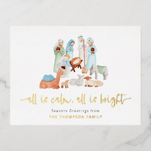 Modern All Is Calm Nativity Scene Name Real Foil Holiday Postcard
