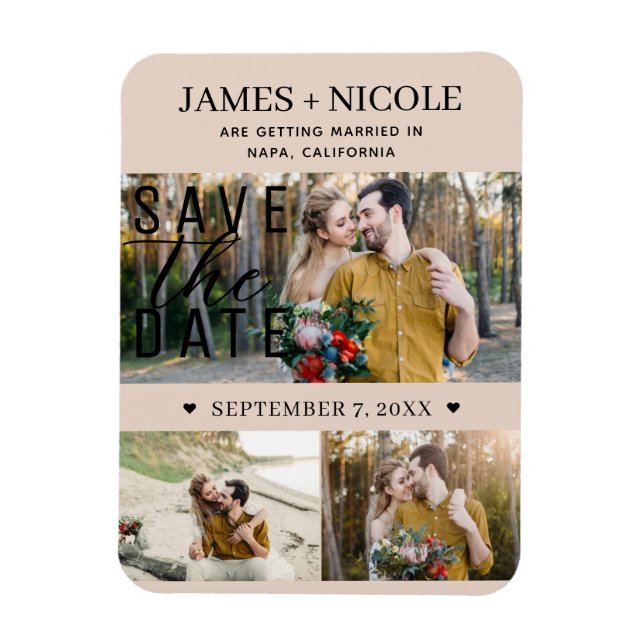 Modern Almond Bisque Save the Date Wedding 3 Photo Magnet (Vertical)