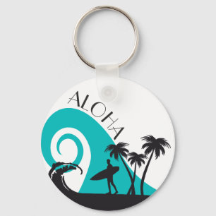 Modern Aloha Surf and Palm Trees Key Ring