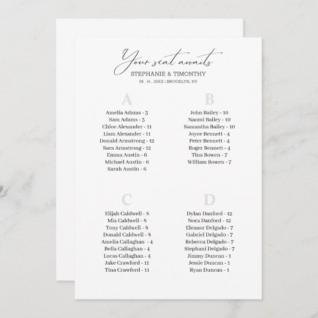 Modern Alphabetical Wedding Guest Seating Cards (Front/Back)