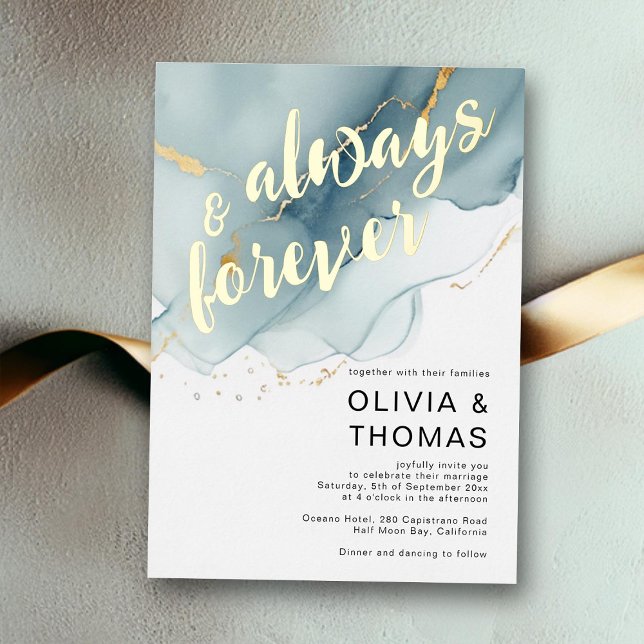Modern Always Forever Blue Romantic Beach Wedding (always and forever beach wedding invitation dusty blue gold modern romantic elegant bohemian simple)