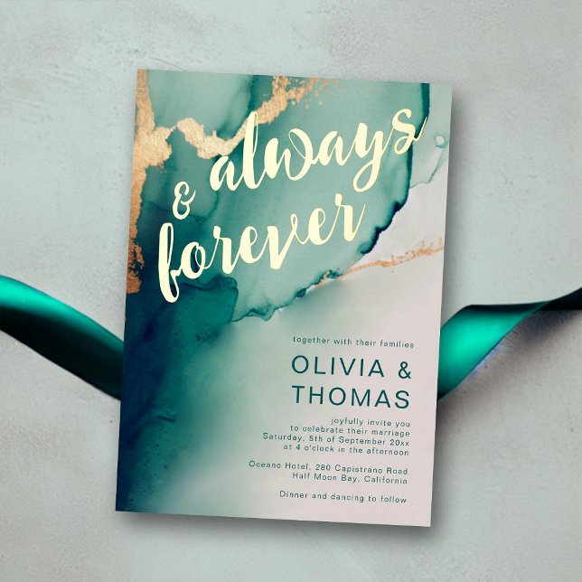 Modern Always Forever Emerald Boho Beach Wedding (always forever emerald wedding invitation green waves gold modern romantic elegant bohemian chic)