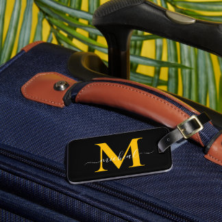 Modern Amber Gold & Black Monogram Script Name Luggage Tag
