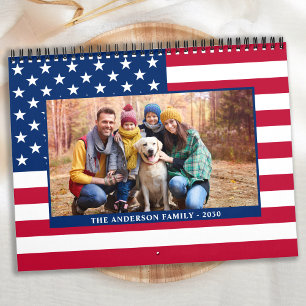 Modern American Flag Patriotic Family Photos Calendar