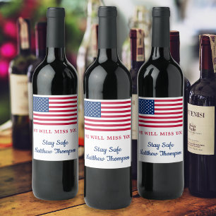 Modern American Flag Soldier Going Away Party Wine Label