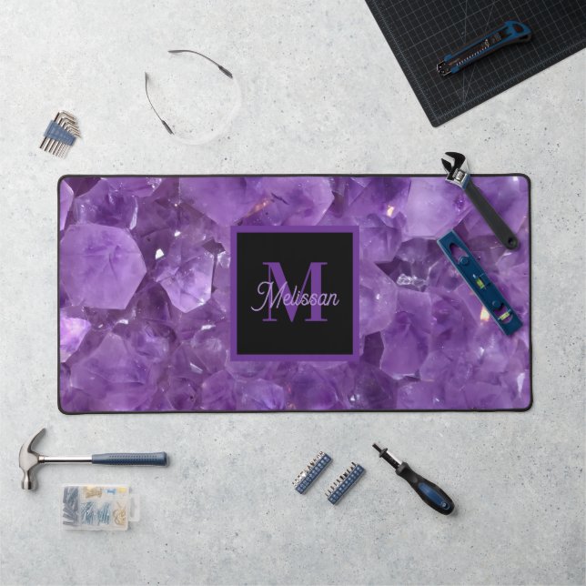 Modern Amethyst Birthstone Monogram Name Desk Mat (Workstation)