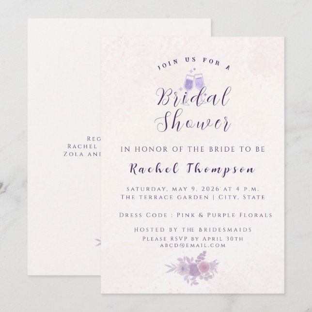 Modern Amethyst Floral Bridal Shower Customised Invitation (Front/Back)