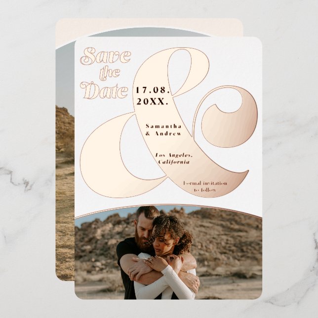 Modern ampersand 2 photos save the date rose gold (Front/Back)