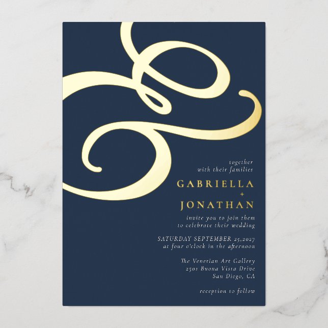 Modern Ampersand Navy Blue Wedding Gold (Front)