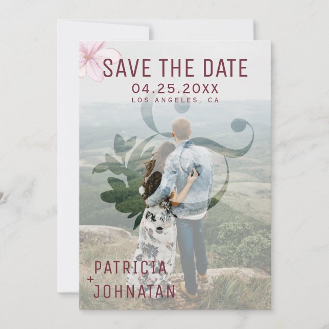 Modern ampersand pink magnolia wedding photo save the date (Front)