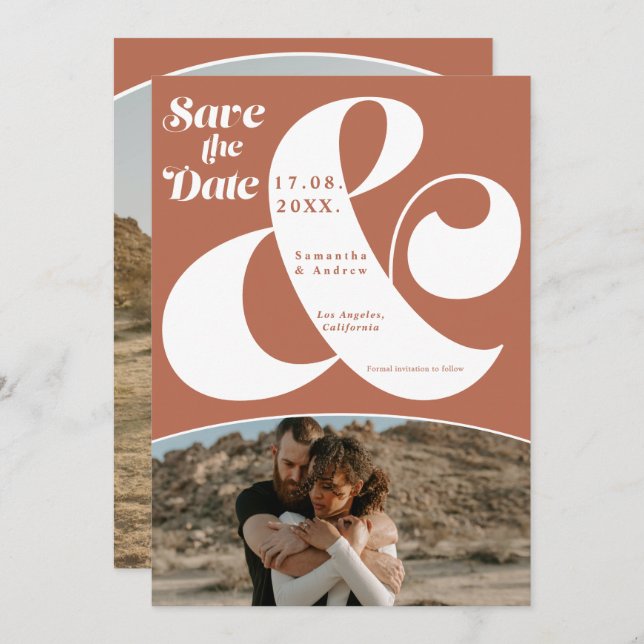 Modern ampersand terracotta 2 photos save the date (Front/Back)