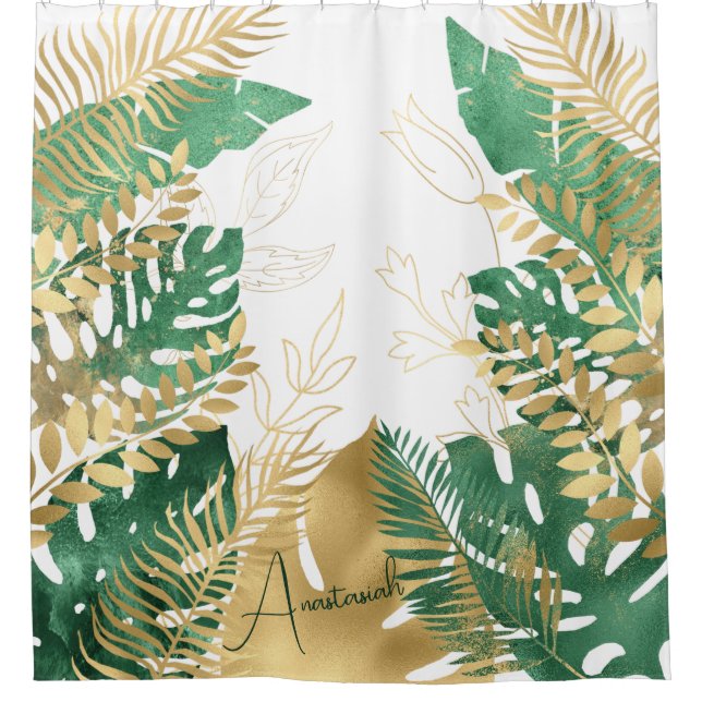 Modern Anastasiah Gold Green Tropical Leaves  Shower Curtain (Front)