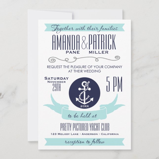 Modern Anchor Blue Nautical Wedding Invitations (Front)