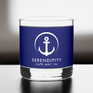 Modern Anchor Boat Logo Navy Blue Whiskey Glass
