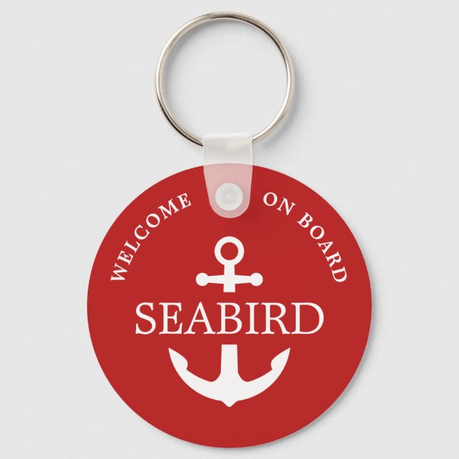 Modern Anchor Boat Name Red White Nautical  Key Ring (Front)
