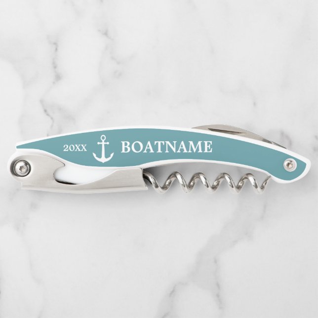 Modern Anchor Logo Deep Aqua Custom Boat Name Corkscrew (Front)