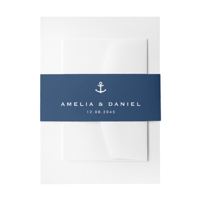 Modern Anchor Navy Blue Nautical Wedding Invitation Belly Band (Front Example)
