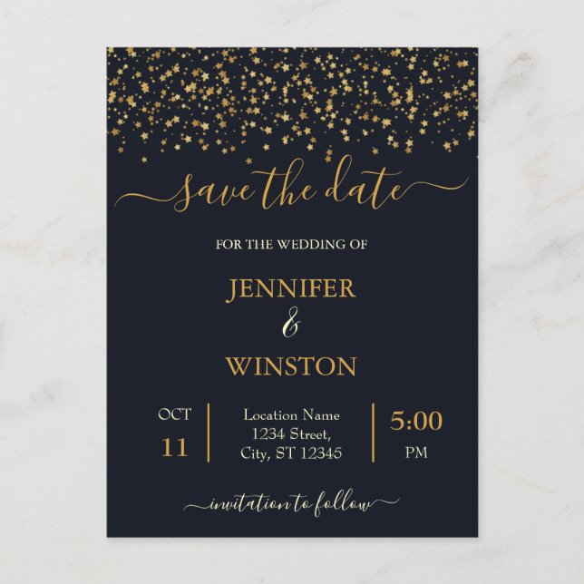 Modern And Classic Gold Stars Wedding Save The Dat Postcard (Front)