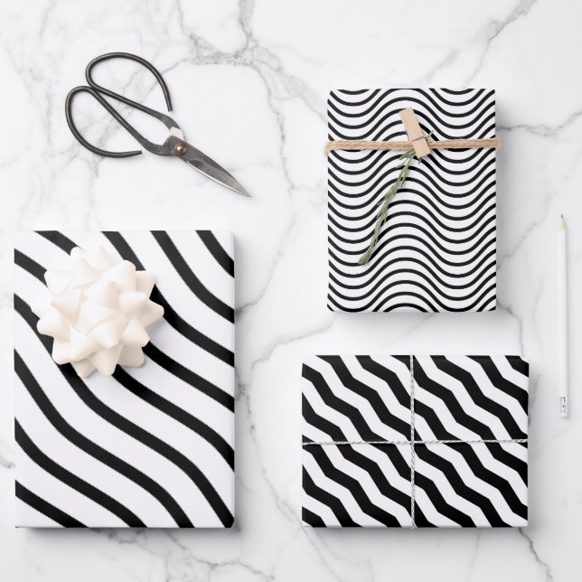 Modern and Elegant black and white Striped gift Wrapping Paper Sheet (Front)