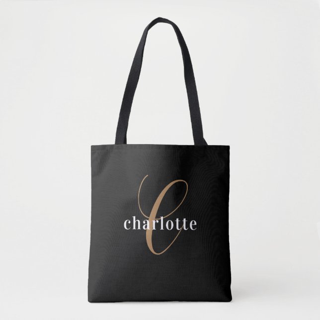 Modern and Elegant Black Personalised Monogram Tote Bag (Front)