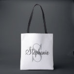 Modern and Elegant Black Personalised Monogram Tote Bag<br><div class="desc">Modern and elegant tote bag features a simple and minimal custom grey and black (colours can be modified) personalised monogram design that can be personalised with an initial and name in script. Perfect gift for the special lady in your life... .mum, sister, daughter, aunt, grandma and best friend. Easy to...</div>