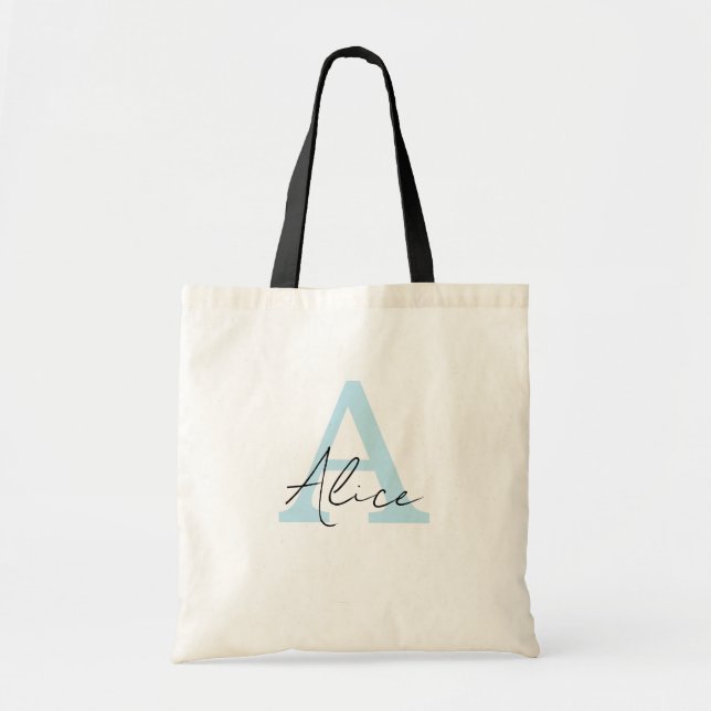 Modern and Elegant Blue Personalised Monogram Tote Bag (Front)