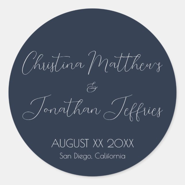 Modern and Elegant Navy Blue Wedding Classic Round Sticker (Front)