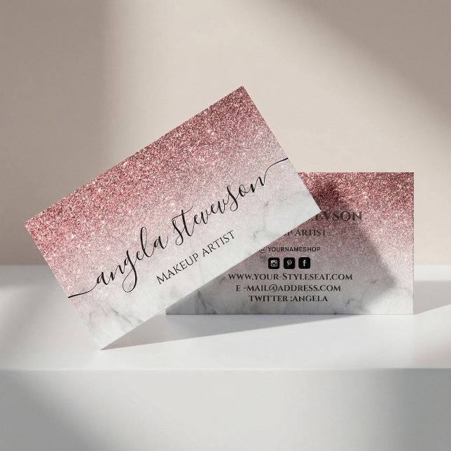modern and elegant rose gold glitter marble  business card (#glitterrosegold #scriptcalligraphy #marblebackground #rosegold #makeupartist #chick #hairstyle)