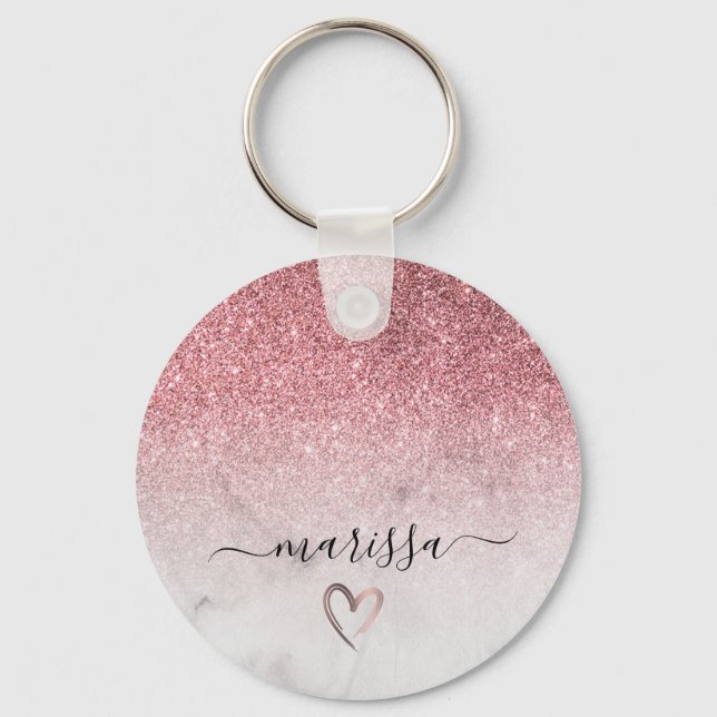 Modern and elegant rose gold glitter white marble key ring (Front)