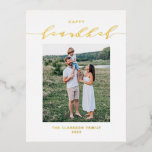 Modern and Elegant Script Happy Hanukkah Photo Foil Holiday Postcard<br><div class="desc">Happy Hanukkah! Send Hanukkah wishes to family and friends with this customisable gold foil Hanukkah postcard. It features an elegant calligraphy and simple typography. Personalise by adding names and a photo. This gold foil Happy Hanukkah postcard is available on other cardstock.</div>