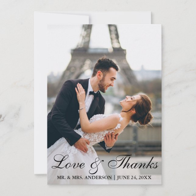 Modern and Elegant Wedding Photo Love and Thanks Thank You Card (Front)