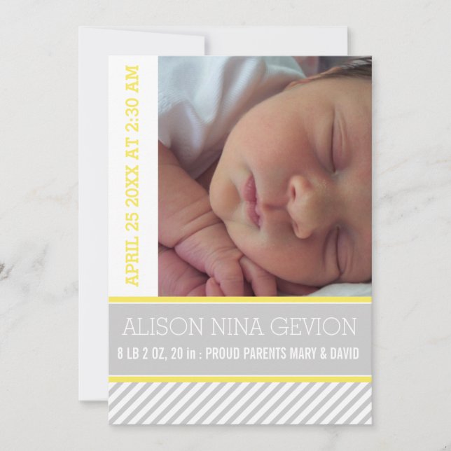 Modern and elegant yellow, grey striped baby birth announcement (Front)