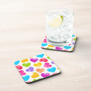 Modern and Girly Vibrant Doodled Hearts Pattern Coaster