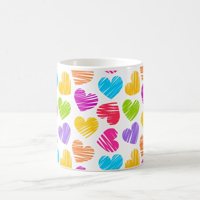 Modern and Girly Vibrant Doodled Hearts Pattern Coffee Mug (Center)