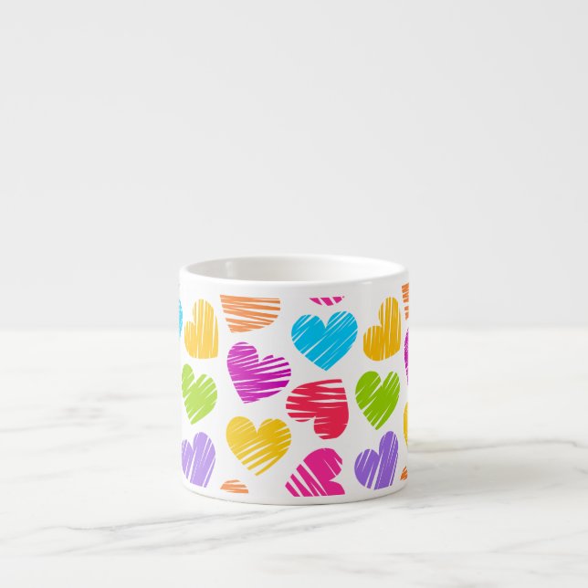 Modern and Girly Vibrant Doodled Hearts Pattern Espresso Cup (Front)