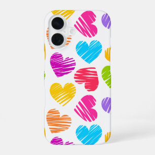 Modern and Girly Vibrant Doodled Hearts Pattern iPhone 16 Case