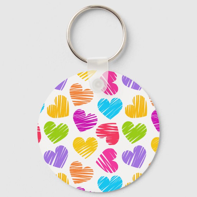 Modern and Girly Vibrant Doodled Hearts Pattern Key Ring (Front)