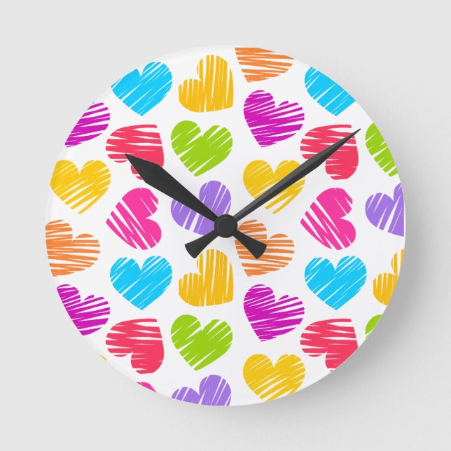Modern and Girly Vibrant Doodled Hearts Pattern Round Clock (Front)