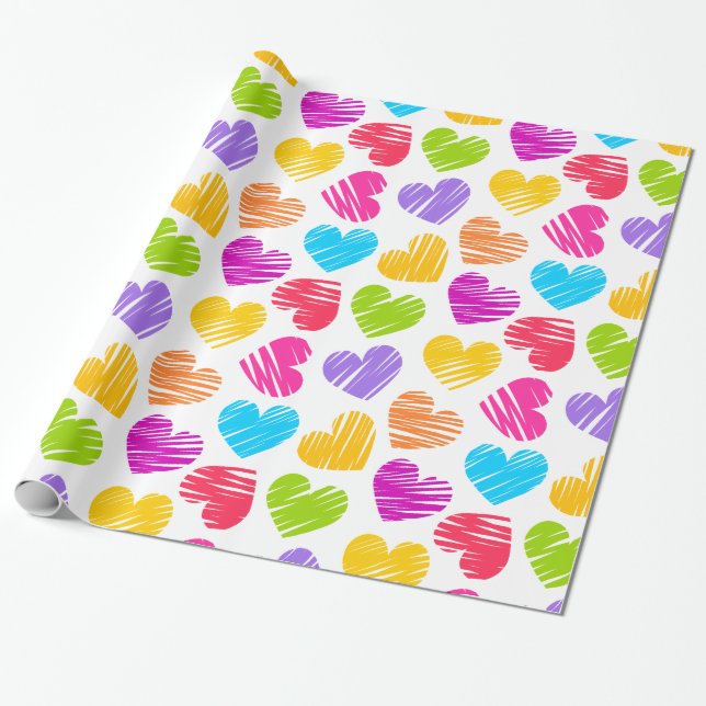 Modern and Girly Vibrant Doodled Hearts Valentine Wrapping Paper (Unrolled)