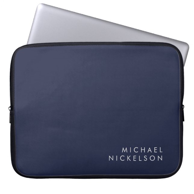 Modern and Minimal Dark Navy Blue | Add your Name Laptop Sleeve (Front)