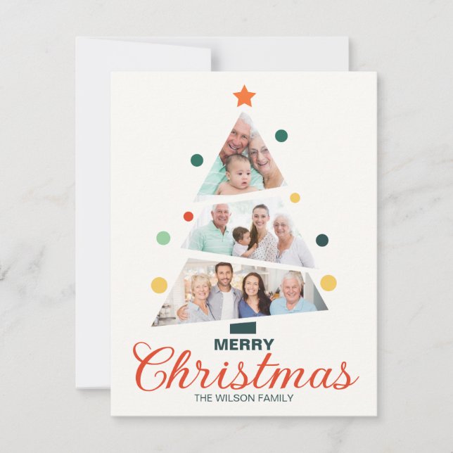 Modern and Minimalist Merry Christmas Tree 3 Photo Holiday Card (Front)