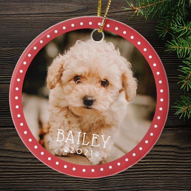 Modern and Playful Dots Pet Dog Puppy Paw Photo Ceramic Ornament (Creator Uploaded)