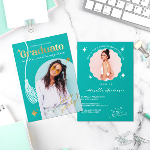 Modern and Retro Teal Sparkle Graduation Foil Invi
