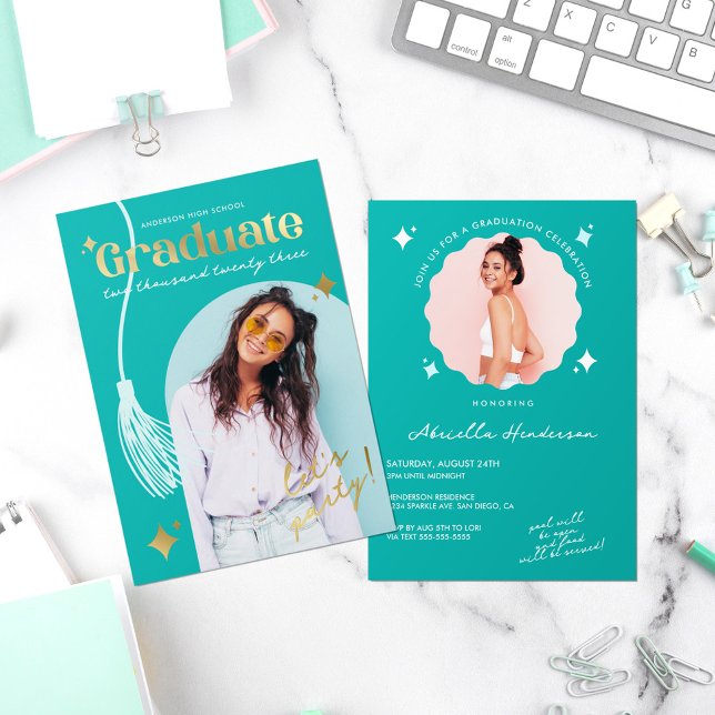 Modern and Retro Teal Sparkle Graduation Foil Invi (Creator Uploaded)