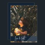 Modern and Simply Love and Light Hanukkah Holiday Card<br><div class="desc">Simple and modern, this design is a great way to send blessings to friends and family this Hanukkah. The design features a dark blue with white diagonal stripes in the bottom right corner. The text "love and light" can be change as well as all the text on the back. Happy...</div>