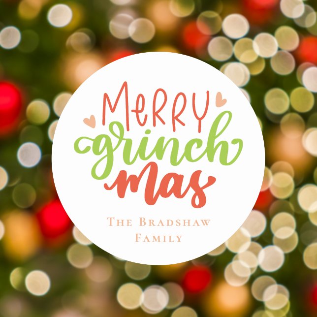 Modern and Trendy Merry Grinchmas Personalised Classic Round Sticker (Creator Uploaded)