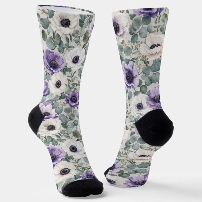 Modern Anemone and Eucalyptus Design Socks (Angled)